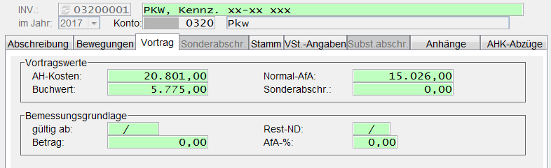 Einstieg in die Anlagenbuchführung: Eingabemaske Vortragswerte