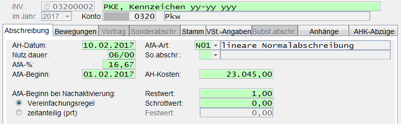 Einstieg in die Anlagenbuchführung: Eingabemaske Abschreibung für neue Inventare