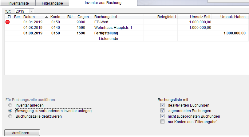 Auswahl der Buchung zur Anlage einer Bewegung