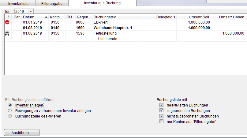 Auswahl einer Buchung zur Neuanlage eines Inventars