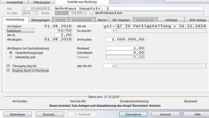 Eingabemaske: Neuanlage eines Inventars