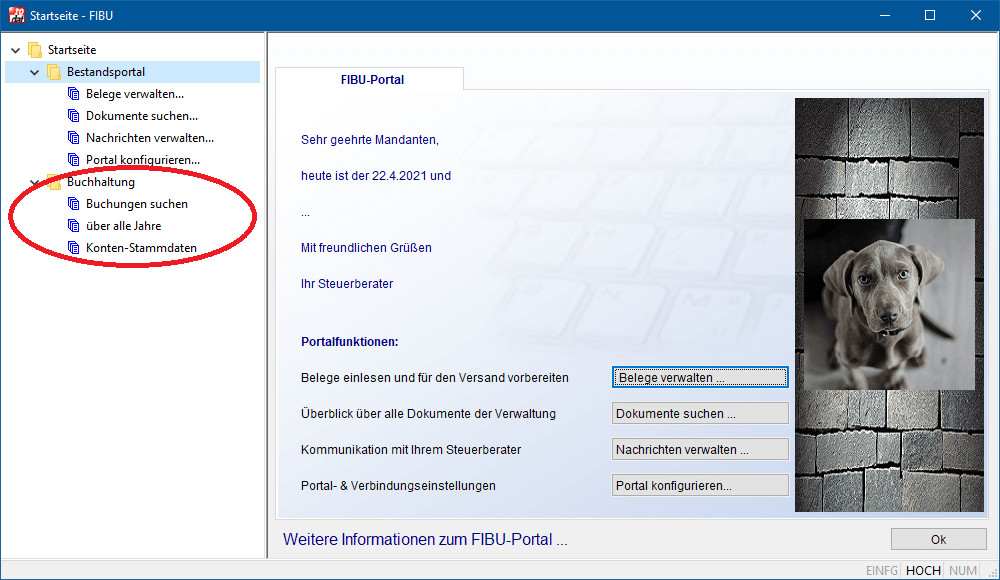 Nach Übertragungen von Mandantendaten erweitern sich deren FIBU-Portale um einige Menüpunkte.