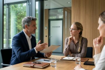 Ein erfahrener microdat-Berater, Mirco, im persönlichen Beratungsgespräch mit zwei Mandantinnen über physischen Dokumenten in einem modernen Besprechungsraum.
